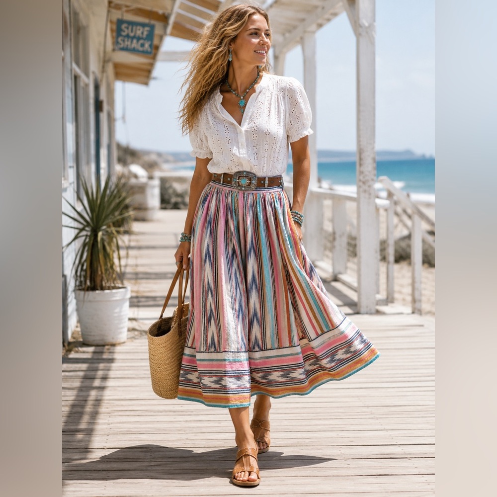 Nitya Vintage Boho Southwest Stripe Midi Skirt Festival Prairie Cottagecore M - Picture 9 of 10
